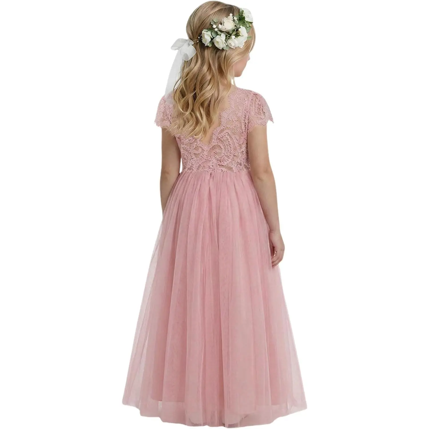 Girl Paisley Lace Back A-Line Straight Tutu Tulle Party Flower Girl Dress