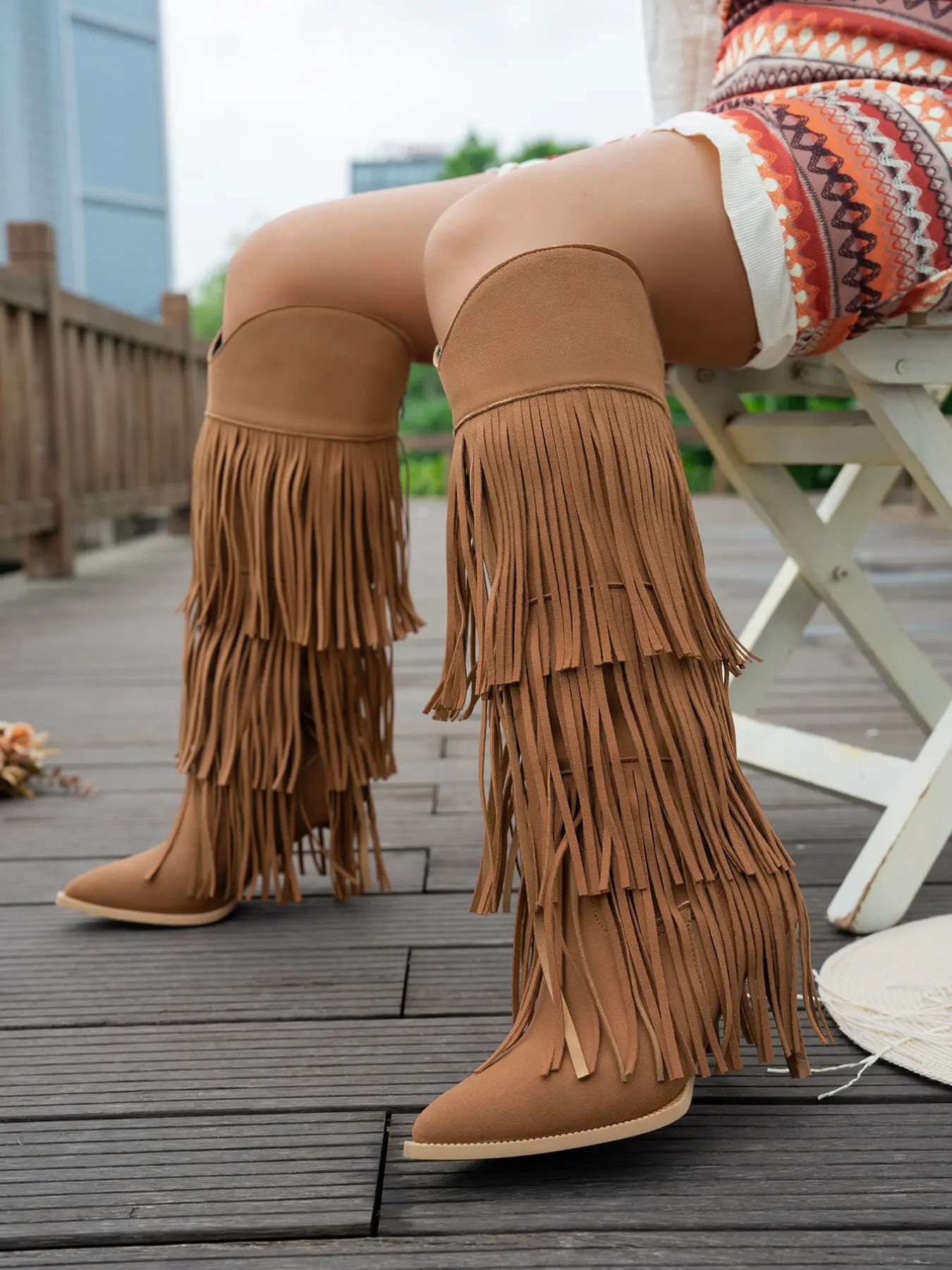 Women's Layered Fringe Western Cowboy Boots, Multi-Layer Fringe Tall Western Boots, Pointed Toe Slim Heel, Boho Style, Perfect for Country Music Festivals