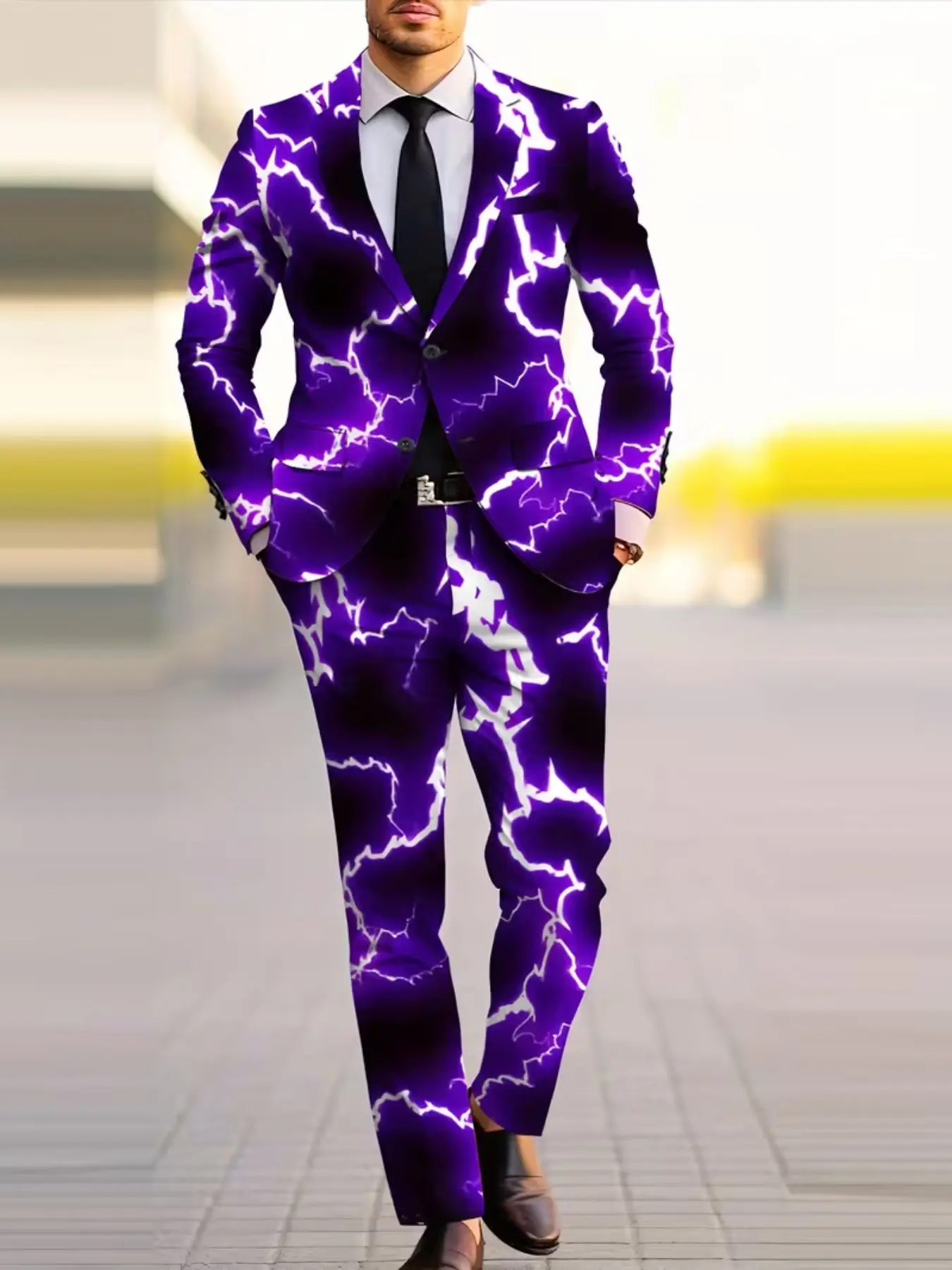 Men's two-piece suit set with purple and black lightning and thunder print, featuring a suit jacket and trousers, showcasing a cool electric pattern. Perfect for nightclub parties and stage performances.