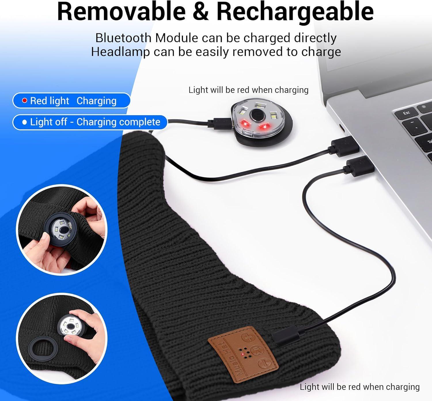 Bluetooth Beanie with Light, Unisex USB Rechargeable  Headlamp Cap with Headphones and Built-in Speaker Mic,Unique Christmas Birthday Gifts for Men Husband Teen warm beany Knit Balaclava Outdoor