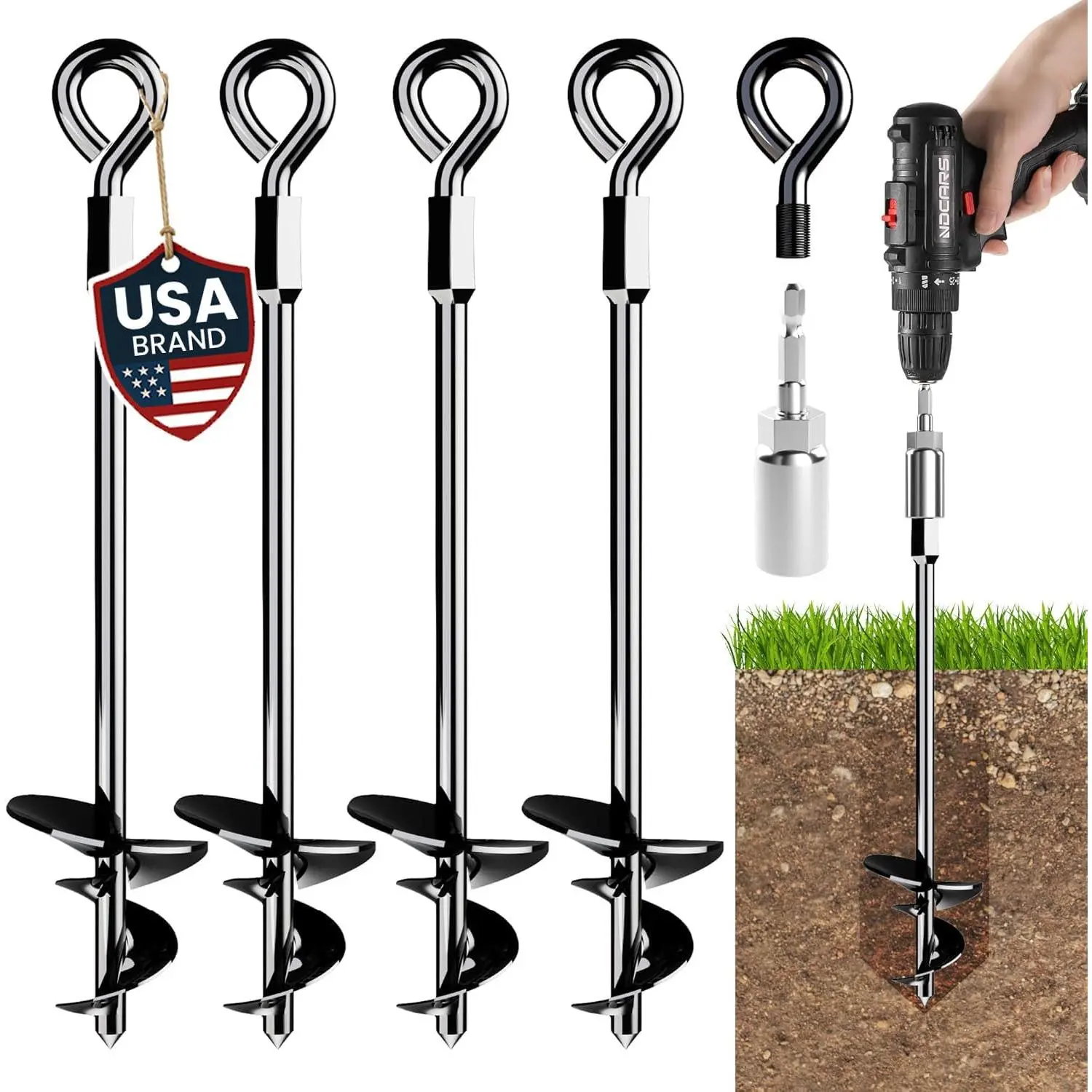 15" Screw-in Ground Anchors Heavy Duty Ground Stakes for High Winds, Earth Anchors for Sheds, Swing Sets, Tents, Trampolines, Gazebos, Carports and Hurricane Tie-Downs