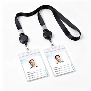 2-piece set of high-definition transparent PVC ID card, bus card, work badge holder, card case for men and women, work badge lanyard, retractable buckle lanyard, portable wallet card holder