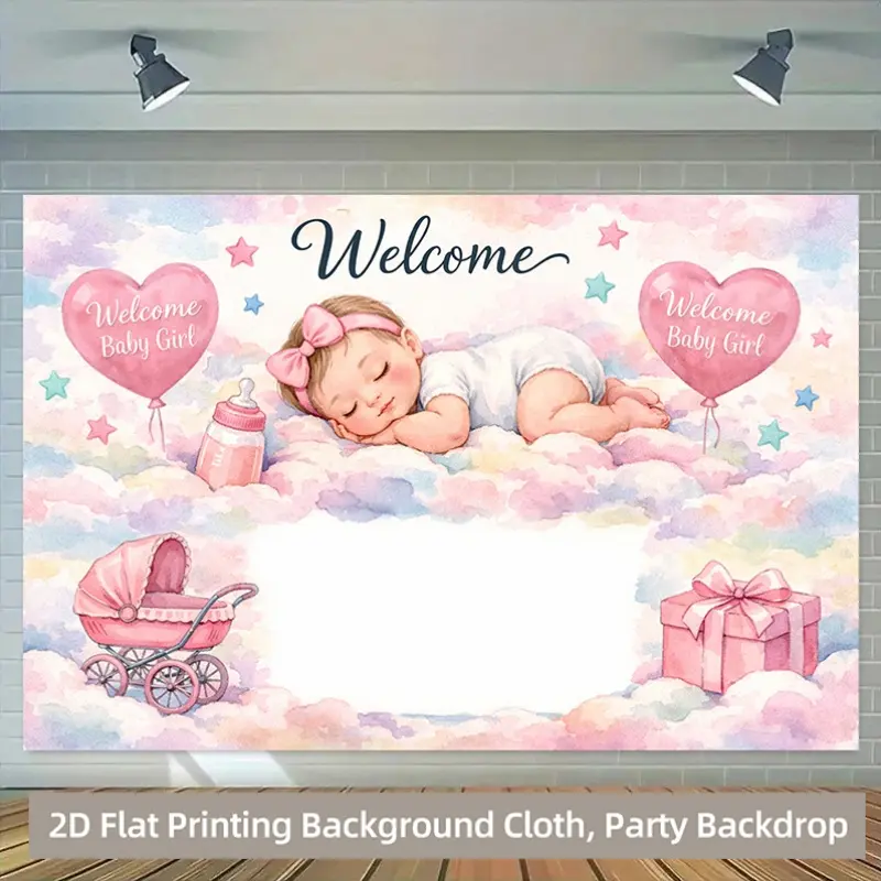 Welcome Baby 2D Flat Banner | Clouds & Stars Newborn Photo Backdrop | Single-Sided Polyester with Metal Grommets for Easy Hanging