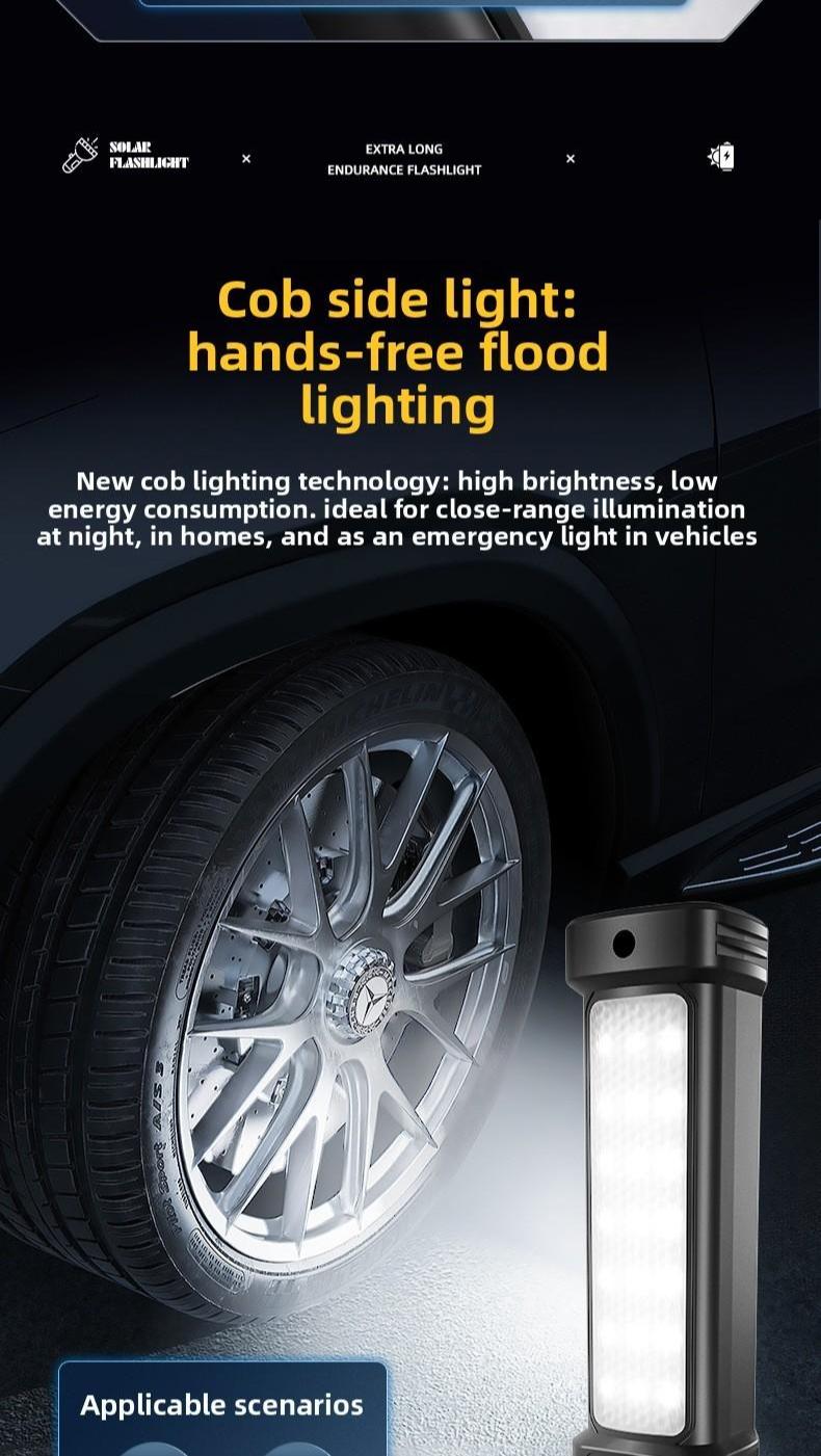 Solar Powered Flashlight, High Brightness Long Range Rechargeable Portable Torch, Concentrated Light for Camping Hiking Emergency