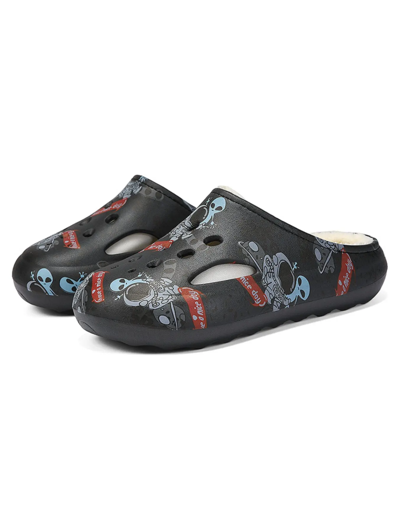 Trendy Alien Graffiti Lined Clog Slippers, Eva Material, All-Over Print, Breathable, Warm Lining, Non-Slip Sole, Fall & Winter Casual Shoes