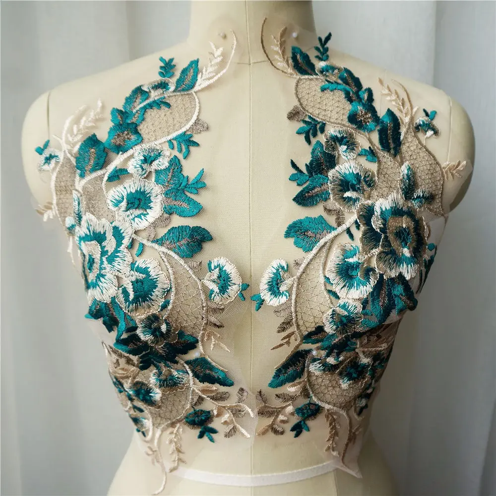 2PCS Green Lace Fabric Embroidered Flower Gown Appliques Trims Classic Collar Mesh Sew Patches For Wedding Decoration Clothes Dress Decor DIY Floral Embroidery Appliques