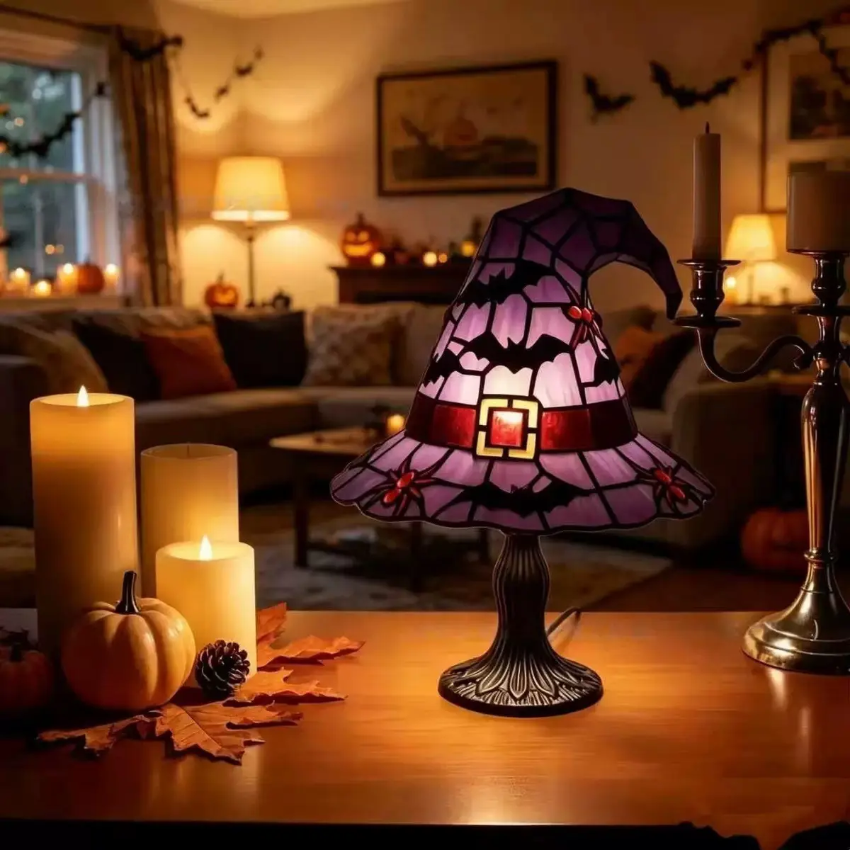 Halloween Witch Hat Table Lamp Ornament, Resin Craft Decor Night Light with USB Switch