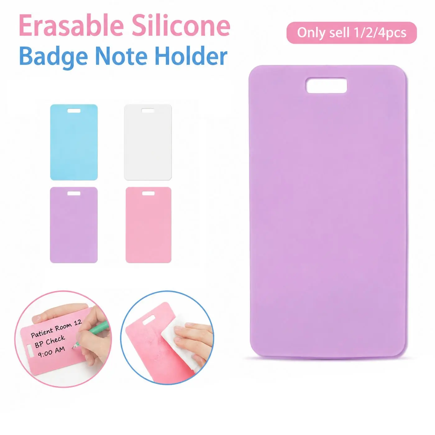 1/2/4PCS Erasable Silicone Badge Note Holder, Reusable Vertical Horizontal Badge Buddy Nursing with Write & Wipe Surface, Ballpoint Pen Writing and Alcohol Erasable Design, Portable Quick Note Taking Pad for Nurses, Doctors and Medical Staff
