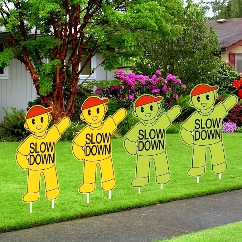 4pcs Large and Caution Signs, High-Visibility Slow Down Safety Signs, Durable Plastic, Outdoor Use, Parks, Streets, Lawns