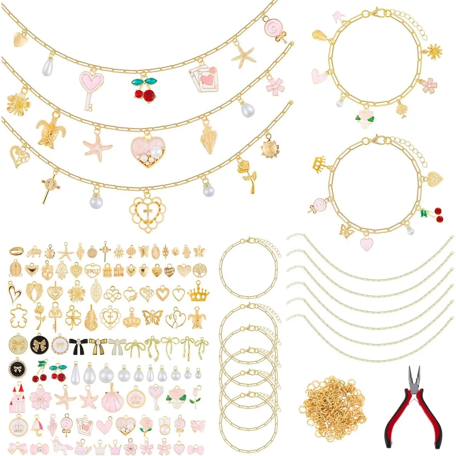 328 count    Necklace Making Kit Bulk for Women DIY with 118 Charms 200 Jump Rings 5 Necklaces 5 Bracelets Tools Accessories for  Beginner Arts and Craft Christmas