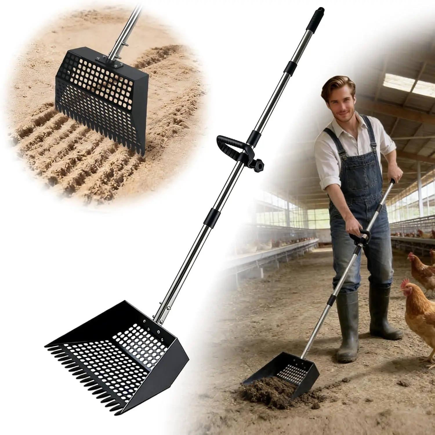 12" Wide Chicken Poop Scooper, 2-in-1 Chicken Poop Scoop Rake, Stainless Steel Scoop, Adjustable Handle, for Chicken Coop, Farm & Pet Waste Cleanup