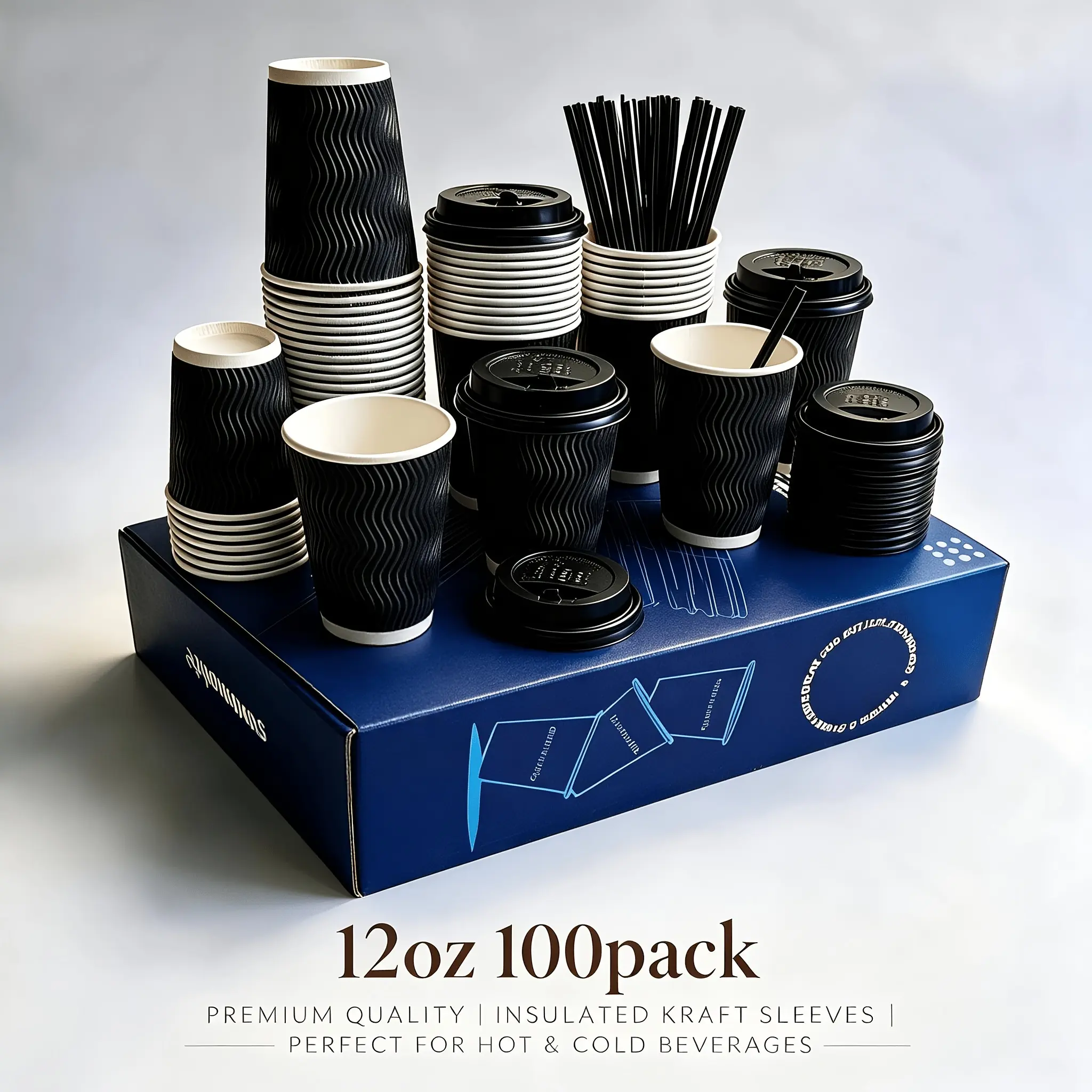 100 pack 12 oz disposable corrugated coffee cups with lids and two in one straw heat insulated ripple wall paper cups suitable for hot and cold drinks ideal for daily use home office coffee shop party gathering