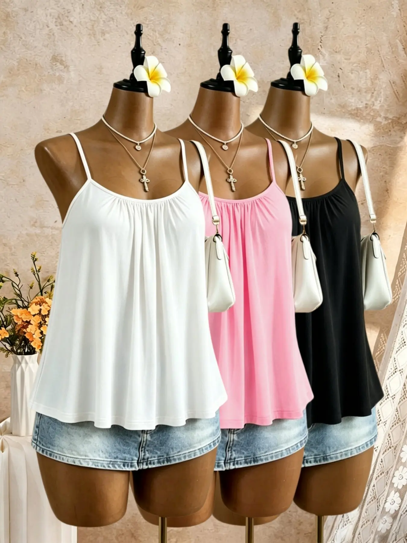 Summer Casual Women's Sleeveless Tank Top Set, Adjustable Thin Straps, Spaghetti Strap, Front Ruched Loose Fit, Basic Flowy Sleeveless Top