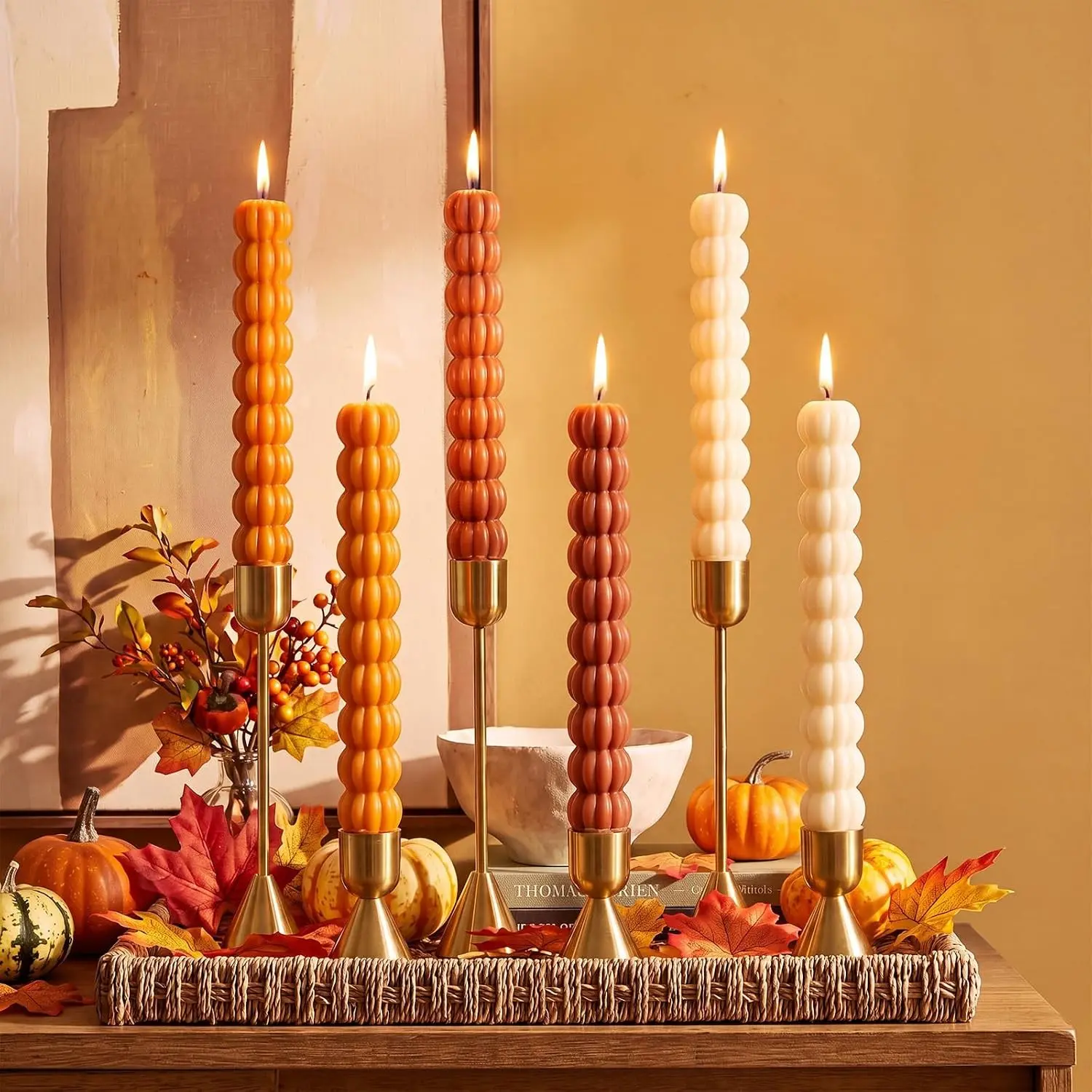 6 Pcs Autumn Pumpkin Candles Thanksgiving Harvest Taper Candles Decorative Fall Wax Scented Candlesticks for Holiday Home Table Decoration Gift