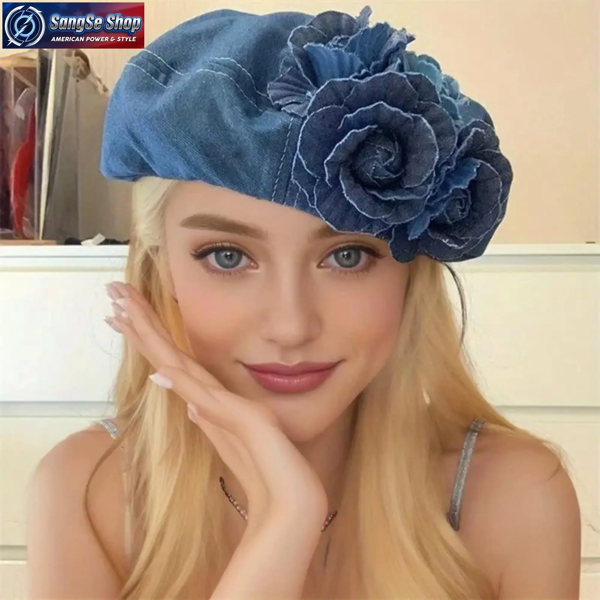 Women’s Chic Denim Beret Hat, Foldable Painter Cap with 3D Floral Print, Blue White Colorblock Beret, Adjustable Knit Heart Wool Beanie, Unisex Fashion Beret Hat for Women, Casual and Formal Wear, Daily Outfit Styling and Street Fashion Accessory