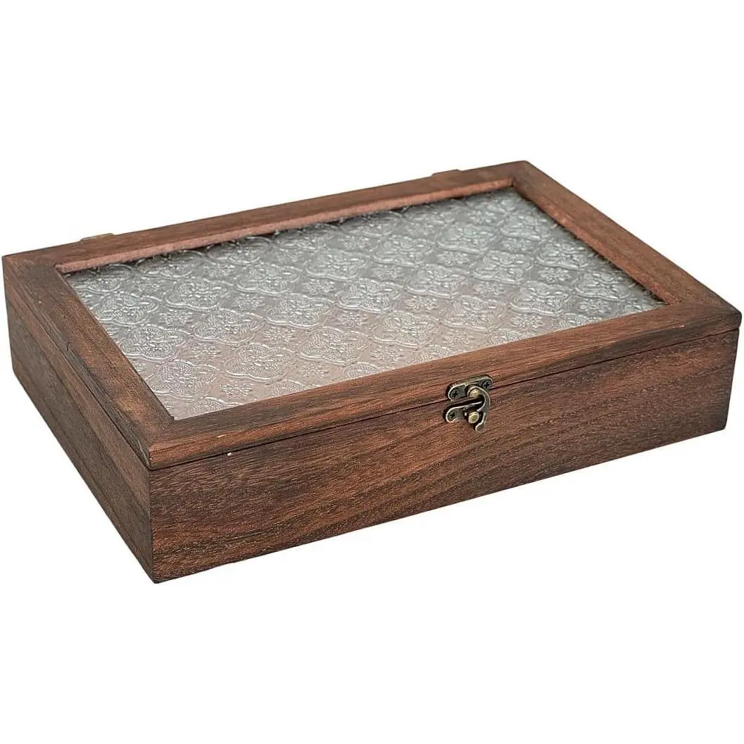 Large Vintage Wooden Decorative Keepsake Box with Glass Lid - Home Organiser for Jewelry, Trinket Storage