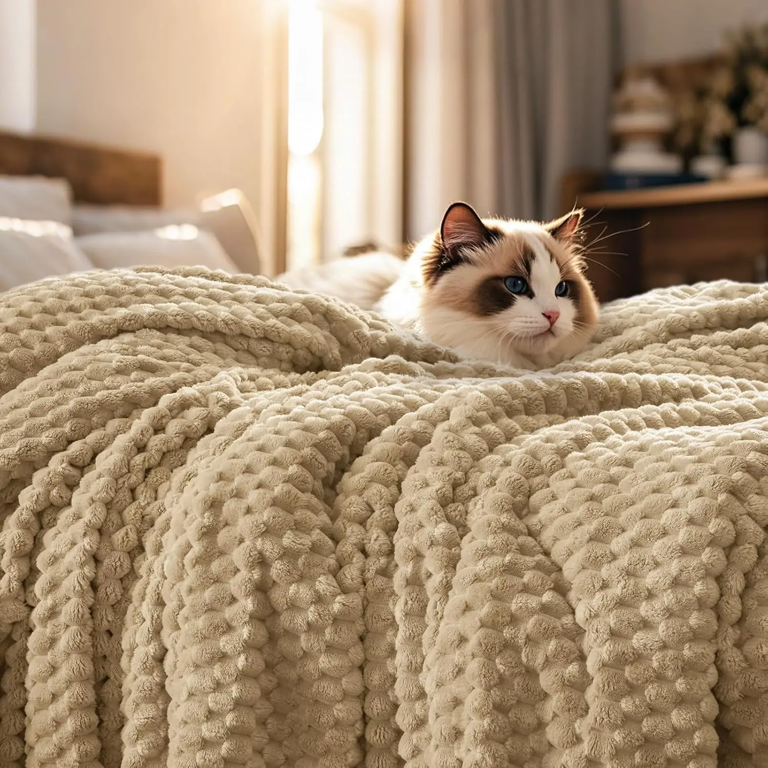 Ultra Soft Flannel Fleece Blanket King Size, Lightweight 3D Jacquard Fleece Blanket, No Shedding, No Pilling, Luxury 340GSM Aesthetic Fluffy Cozy for Bed Room Decor, 108"x90", Khaki