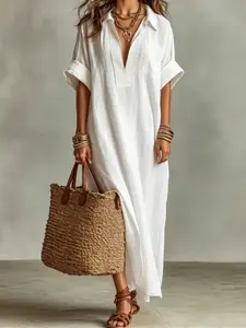 Linen Long Shirt Dress, Breathable Natural Linen Fabric, Embroidered Front Detail, Casual Boho Style, Perfect for Beach Vacations, Bohemian