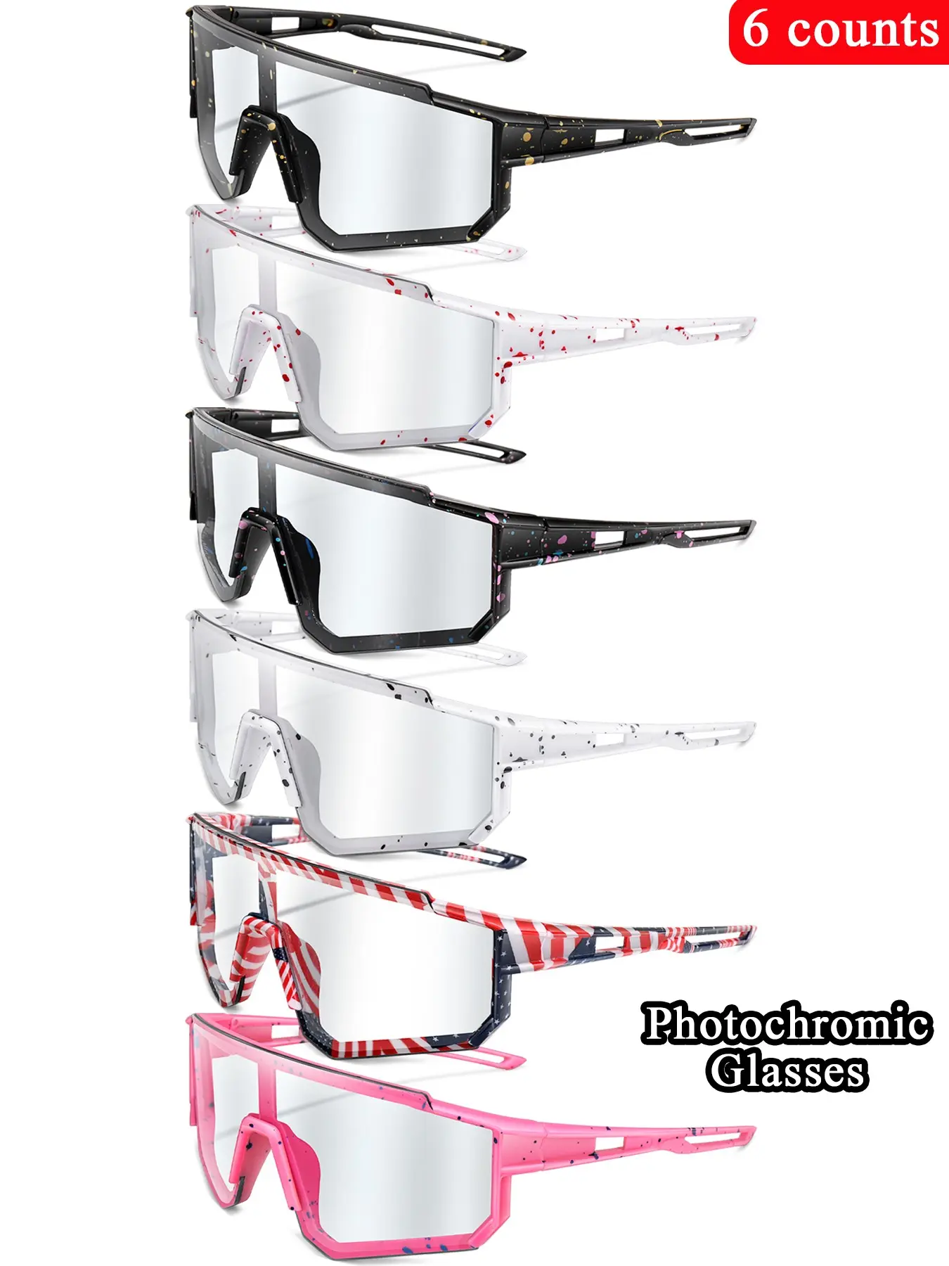 6-Piece Set Fashion Large Frame Photochromic Lenses Sports Glasses, Unisex Cycling Running Eyewear, Outdoor Activities, Travel, Beach, Golf