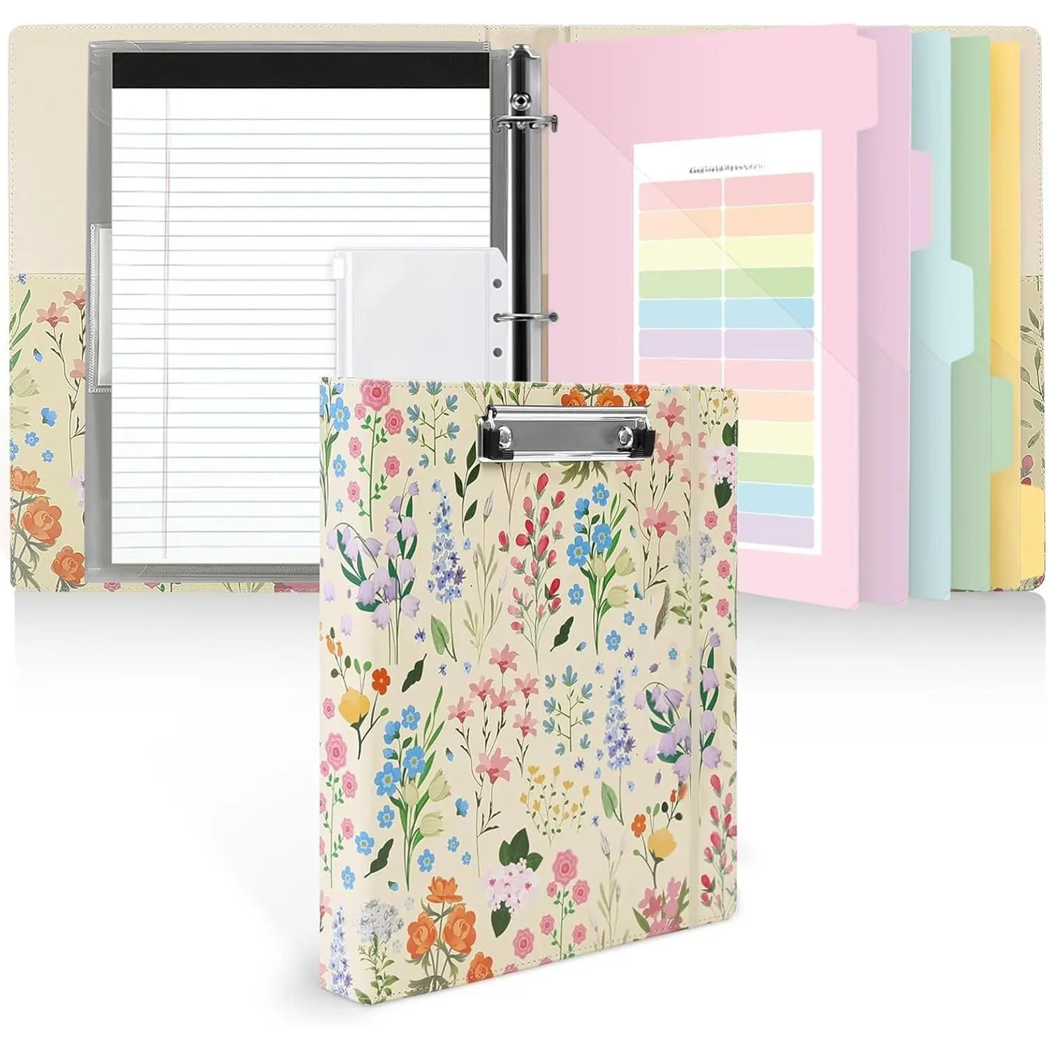 1 Inch 3-Ring Binder with Clipboard, PU Aesthetic Binder with 5 Dividers, Notepad, Stickers & Pockets for Work and School (Letter Size)
