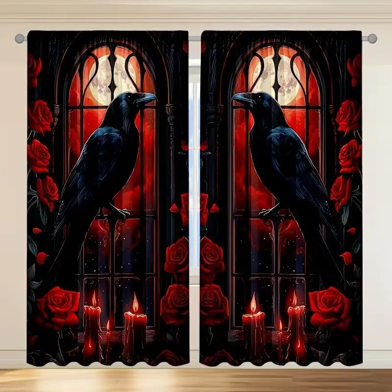 2 pieces, Gothic style black and red rose print. Installed with pocket rods. Digital printed curtains. Suitable for Halloween living room, closet, bedroom, study, dining room and home decoration.