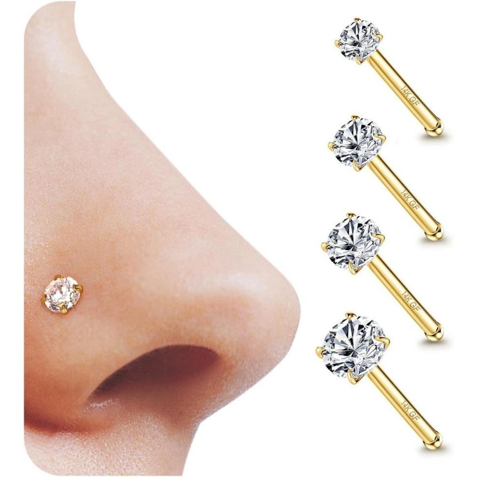 Jstyle 4 Pcs Golden Plated Nose Studs 20G Stainless Steel Stud Nose Ring 1.5-3mm Round CZ Simulated L Bend Nose Stud Hypoallergenic Nose Piercing