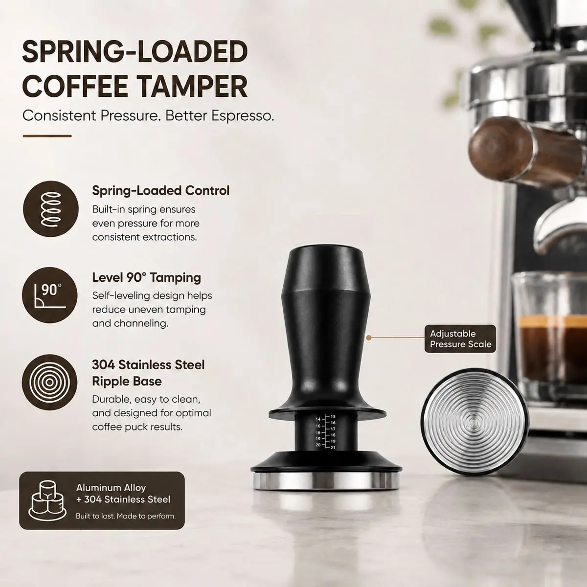 51/53/58mm Dual Spring Coffee Tamper, Italian Constant Pressure, Adjustable, Aluminum Alloy Handle, 304 Stainless Steel Base, Durable Espresso Tool,Coffee Equipment,Barista Tool, Espresso Accessories, Coffee Making Tool, Coffee Tools