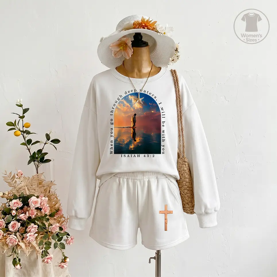 Women's Faith Inspired Two Piece Outfit Set, Cropped Crewneck Sweatshirt and Matching Shorts with Spiritual Graphic Design, Christian Style Casual Streetwear Clothing, Comfortable Lounge Wear Set for Women, Perfect for Everyday Wear and Weekend Looks