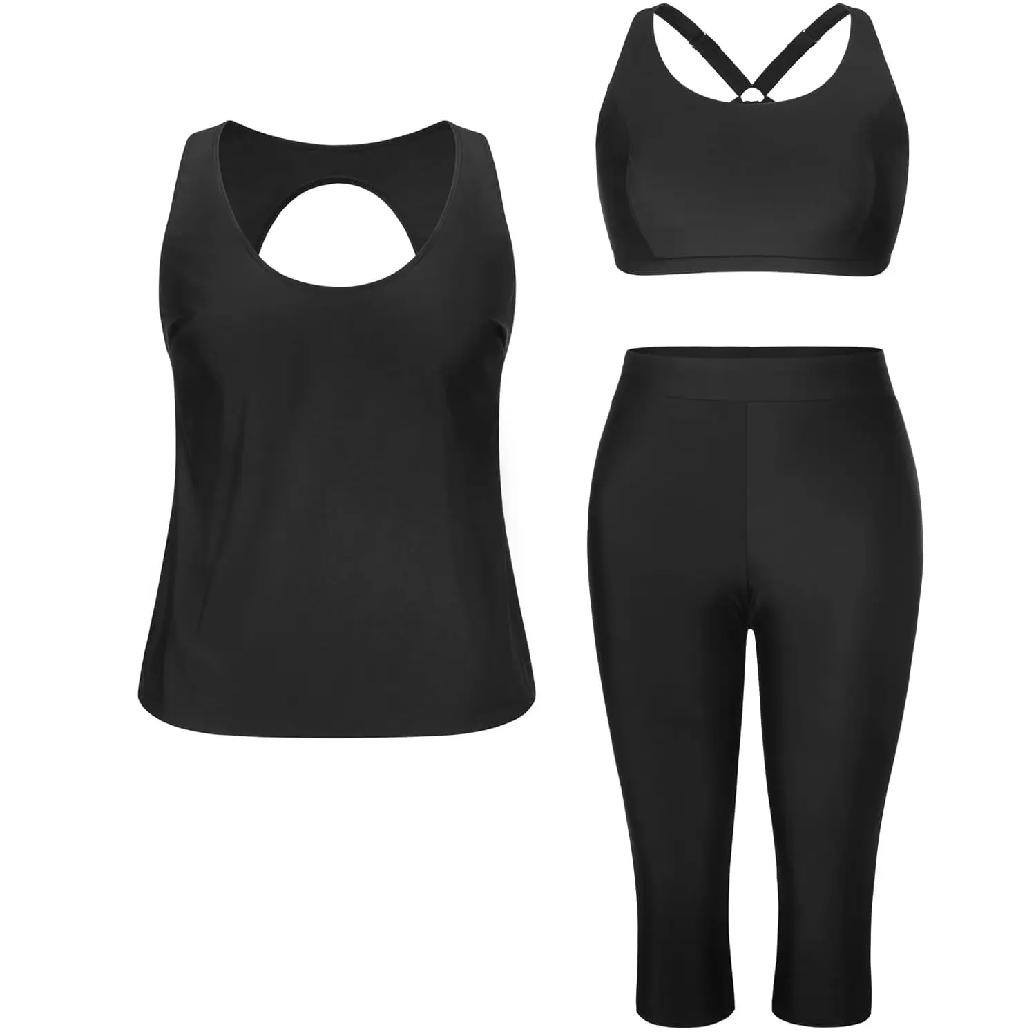 Yonique Three Piece Plus Size Swimsuits for Women Tankini Tops with Sports Bra and Swim Capris Athletic Bathing Suits