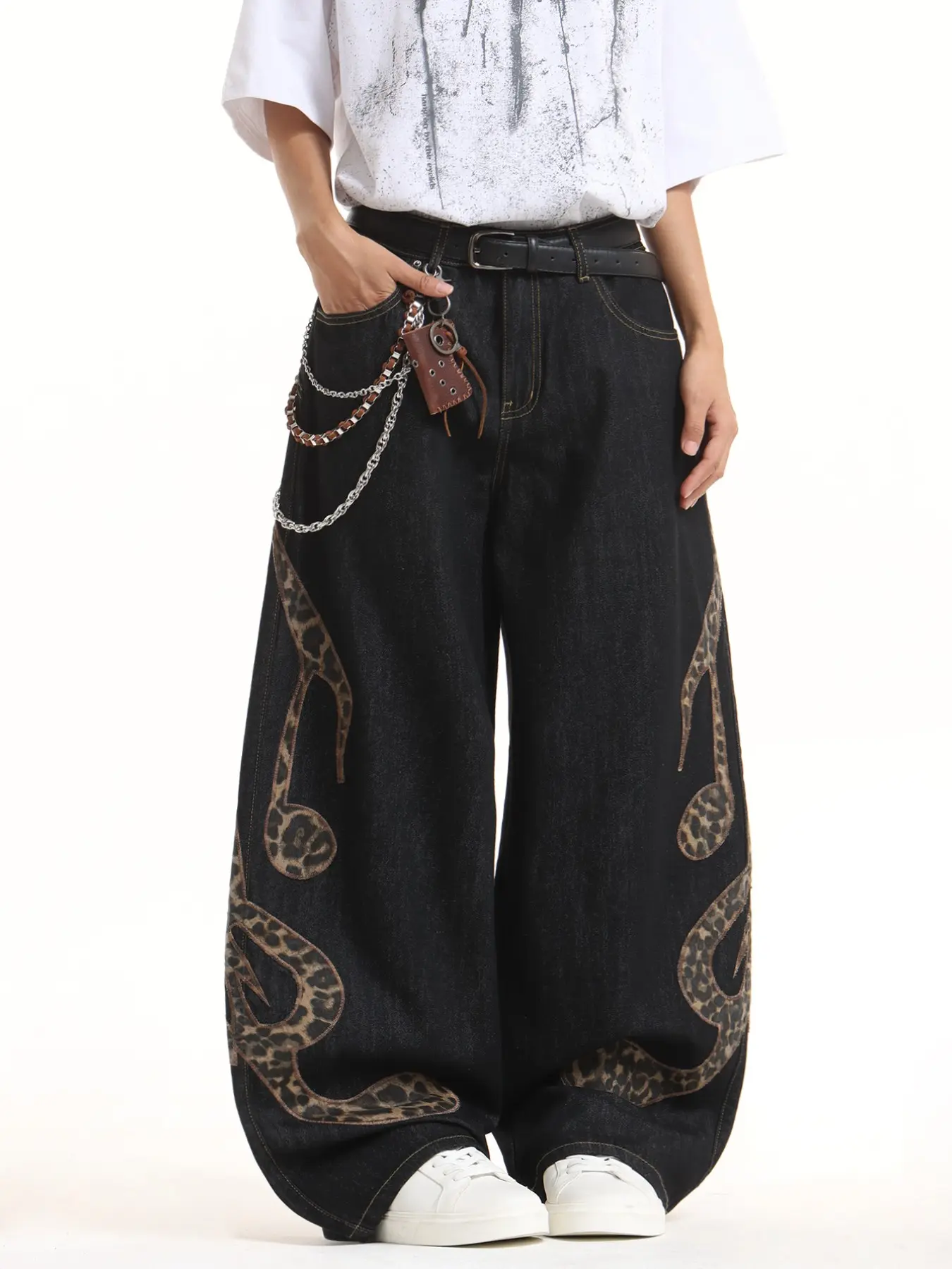 Men's Wide Leg Jeans, Leopard Print Note Embroidery, American High Street Style, Loose Fit, Long Pants for All Seasons
