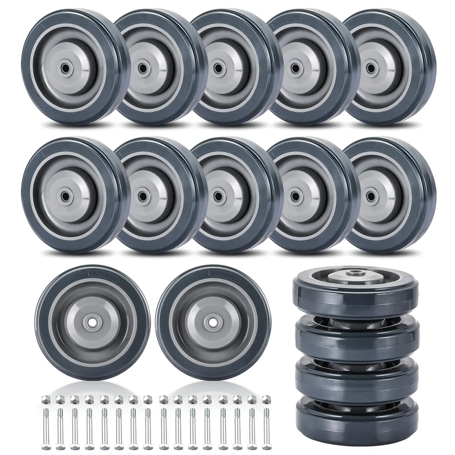 16 Pack Shopping Cart  Wheels Kit, 5" with  | Wheels with Axles Bolt, Polyurethane Stepped and Full Tread  w/Carbon Steel Ball Bearing Shopping Cart Wheel