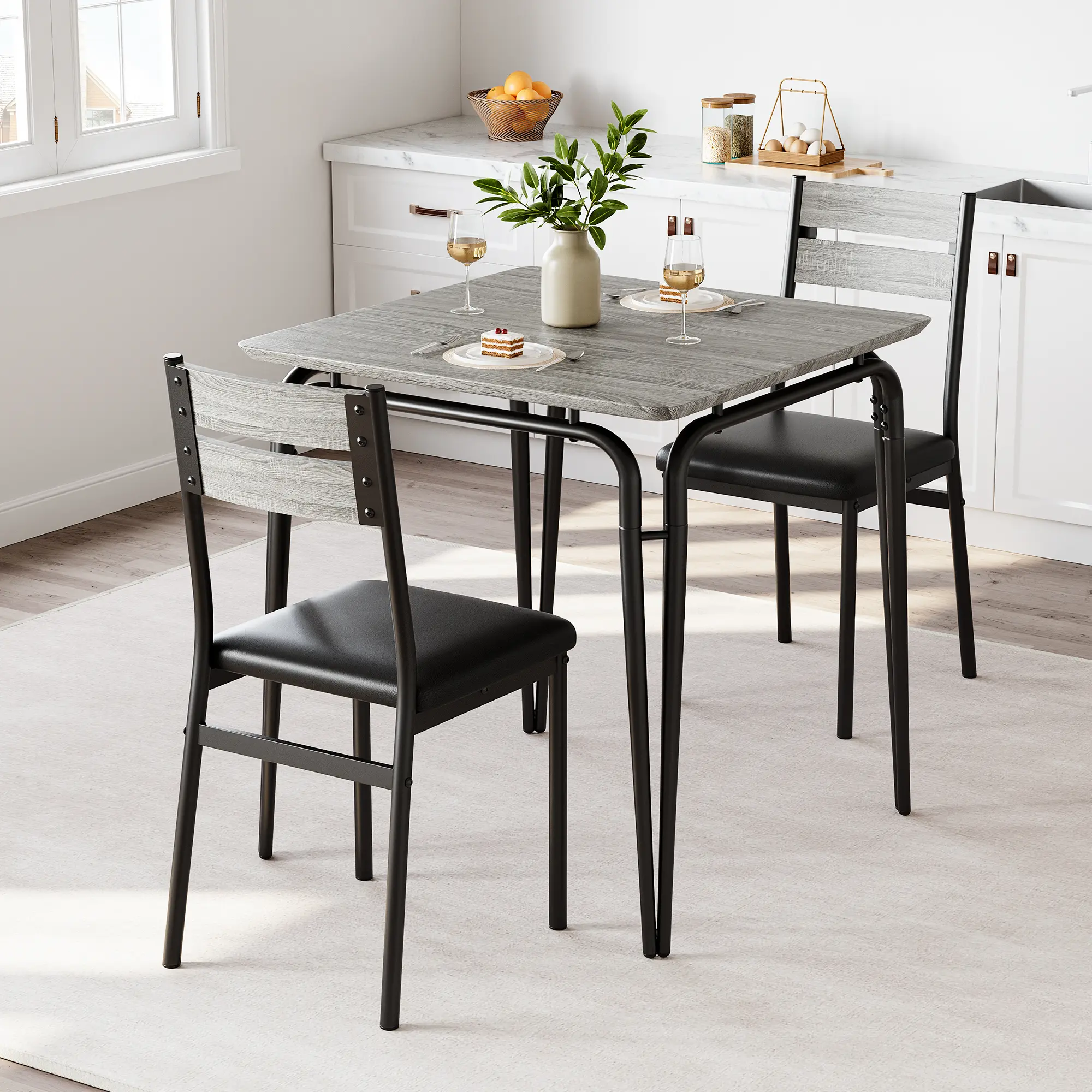 Dining Table Set for 2, 3-Piece Modern Industrial Rectangular Kitchen Table with Upholstered Chairs, Dinette Set