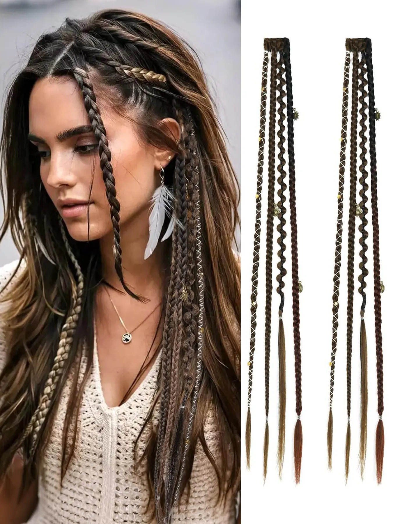 2pcs Bohemian Box Braided Boho Dreadlock Clip in Braids, 20 Inch Synthetic Fiber Handmade Braided Hair Extensions with Beads Charms, Women Fashion Hairpieces