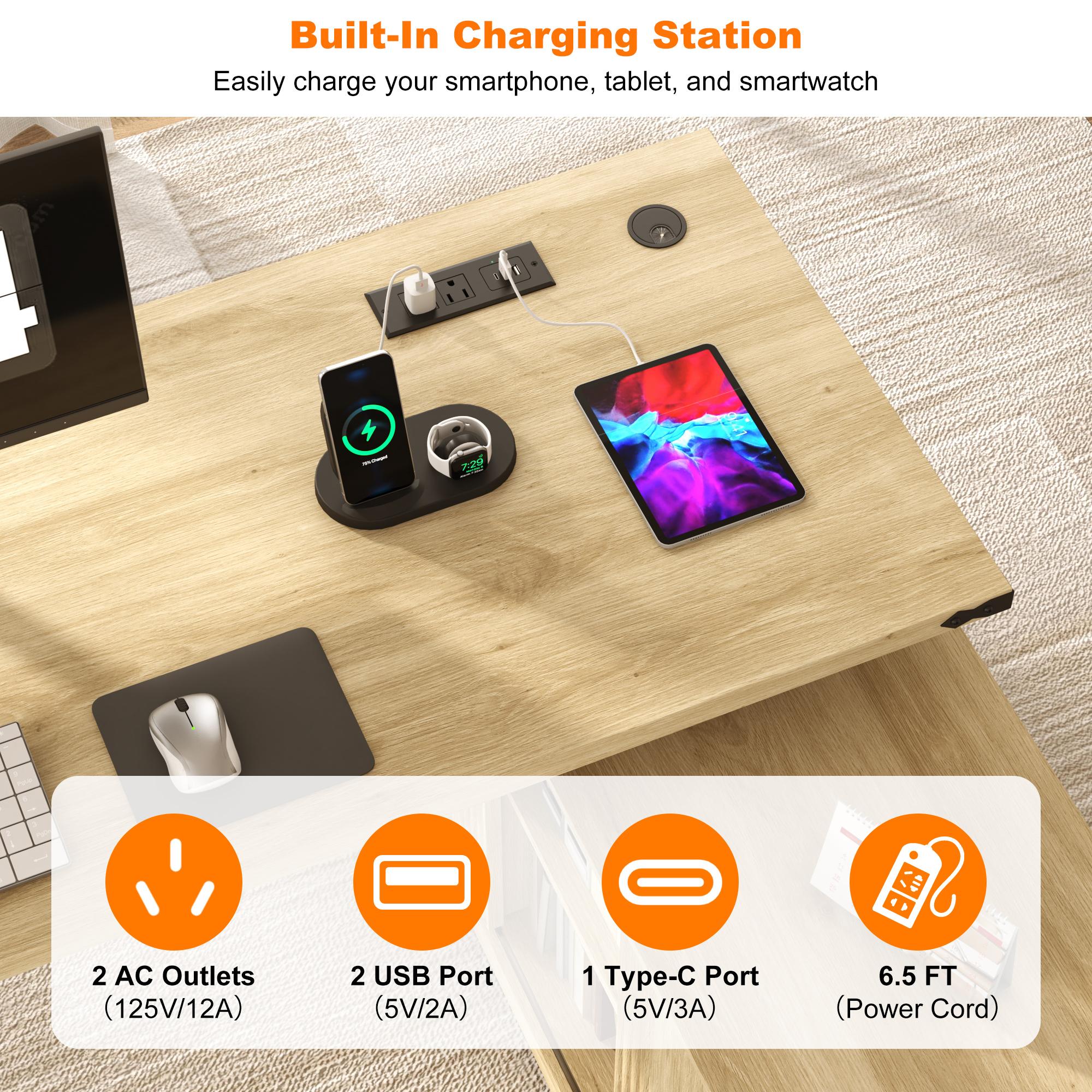 63" L-Shaped Electric Standing Desk, Executive Standing Desk with File Cabinet, Height Adjustable Sit Stand Desk with Storage Shelves & Drawers, Corner Computer Desk with Power Outlet, Brown/Light Oak