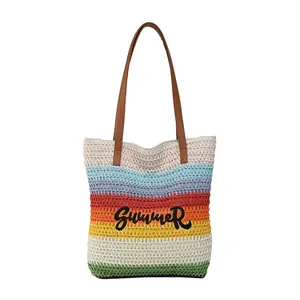 New woven rainbow embroidered beach bag Tote bag, large capacity single shoulder travel bag, woven bag, fashionable new style