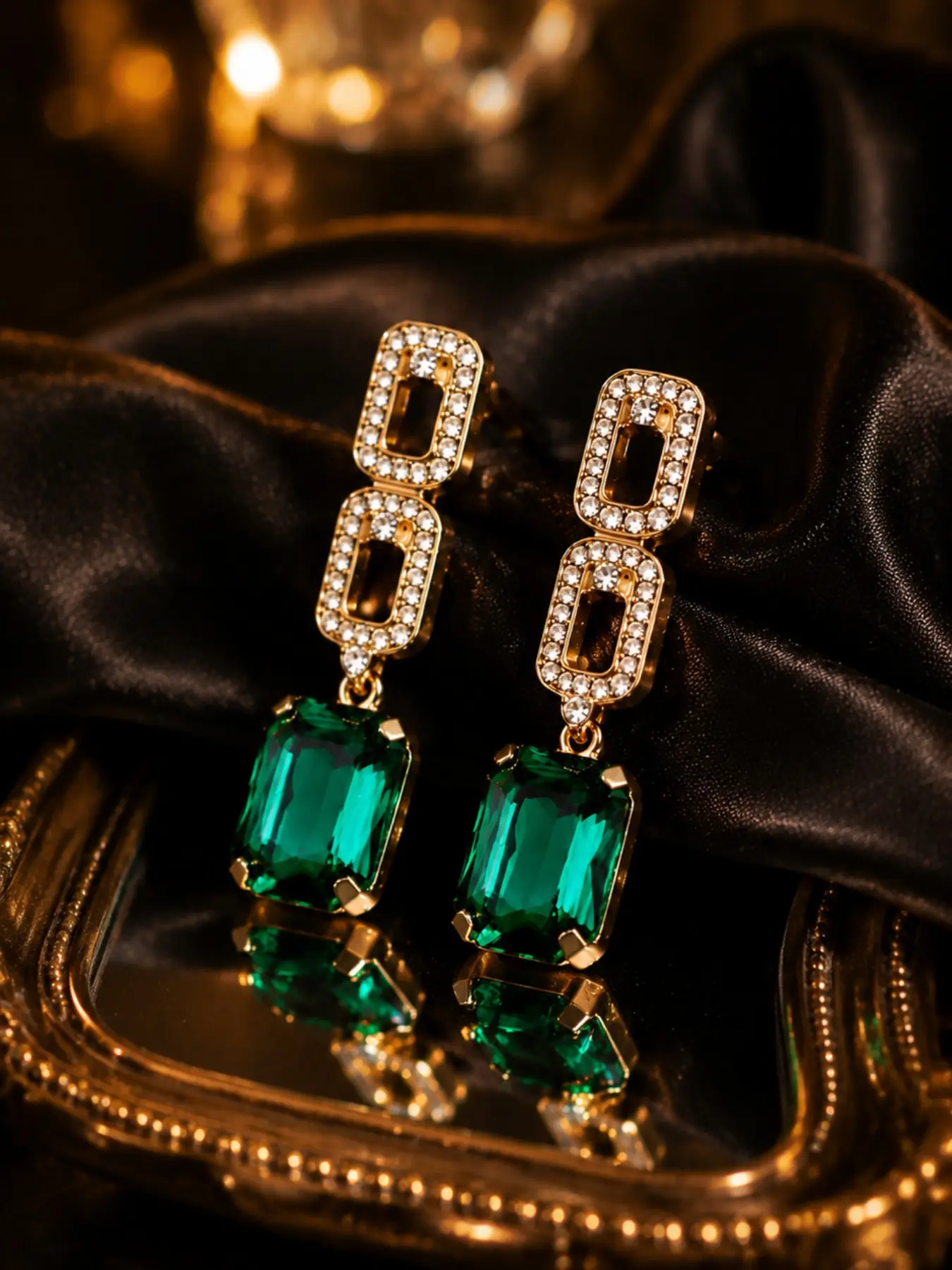 Double Hollow Rectangle Rhinestone Top Emerald Dangle Earrings, Elegant Formal Accessory for Carpet Prom, Stainless Steel Chain