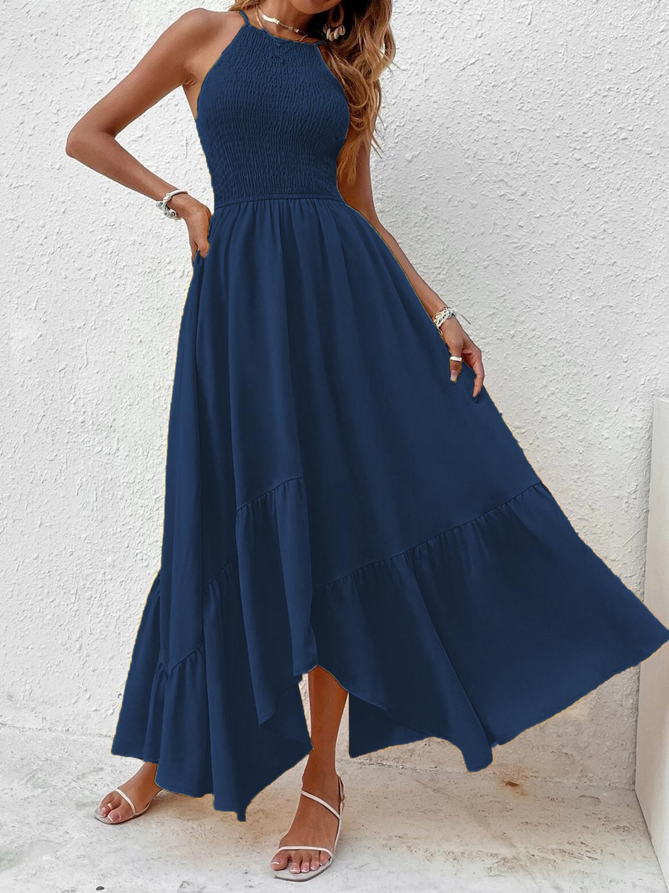 Pure Color Halter Top Front Gathered Design, Irregular Hem Waist Cinched Chic Dress, Perfect for Beach Vacation, Spring & Fall Fashion