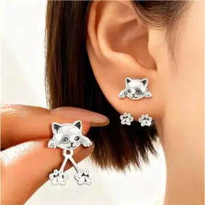 2Pcs/1Pcs Vintage cat & paw back earrings, crafted from eco-friendly alloy with safe electroplated posts. Unique premium style, ideal for daily wear and gifting to friends.