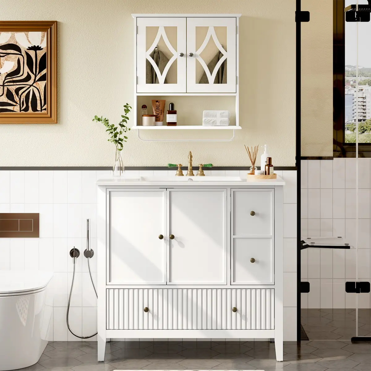 [Bellemave]36'' Bathroom Vanity with Sink Set, Bathroom Storage Cabinet with Doors and Drawers, Modern Vanity Sink Cabinet with Painted Surface, White On-Site