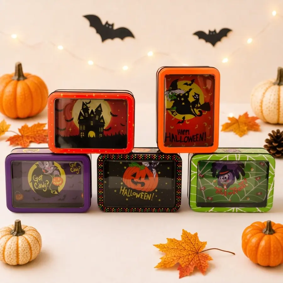 Halloween Transparent Lid Tin Box, Cartoon Witch Pumpkin Candy Cookie Storage, Festive Decoration Box, Perfect for Holiday Treats, Decorative Boxes