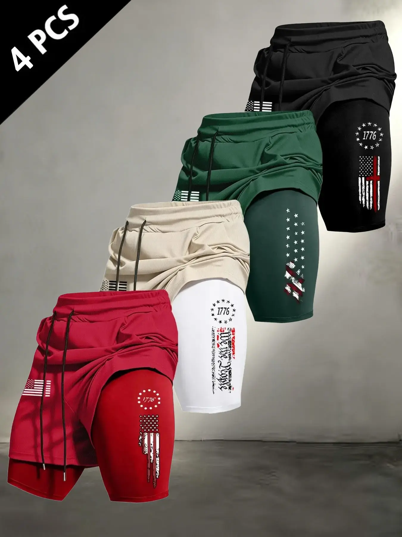 4 Pcs Men 2-in-1 Athletic Shorts Pack, Drawstring Waist Liner, Vintage 1776 USA Flag Graphic Print Quick Dry Gym Workout Patriotic Casual Running Shorts Bundle #2in1Shorts #GymShortsBundle #PatrioticAthleticWear #RunningTrainingShorts #TikTokMadeMeBuyIt