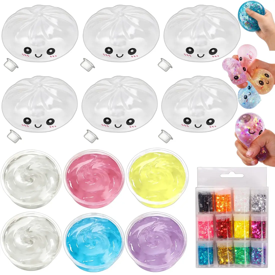 Squishy Ball Kit Making Set, Includes 6 Slime Boxes, 12 Color Glitter, 6 Dough Skin Pieces, DIY Stress Relief Soft Balls for Adults