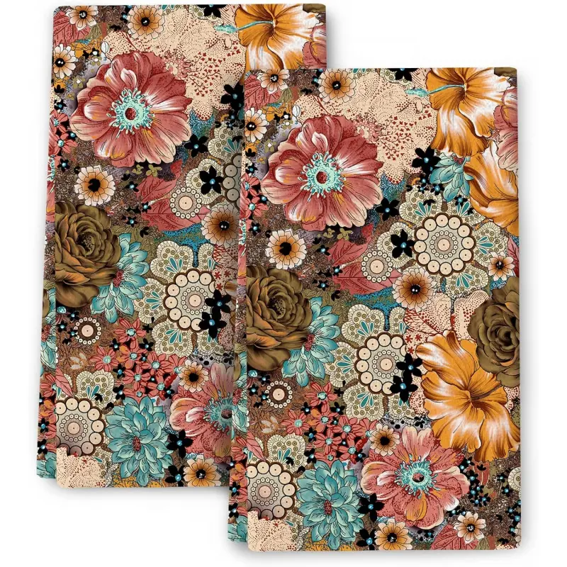 Bohemian style floral pattern modern bohemian kitchen towels 16x24 inches, dish towels, bathroom towels (2-piece set), soft and absorbent, tea towels, Decorative towels, home decor.