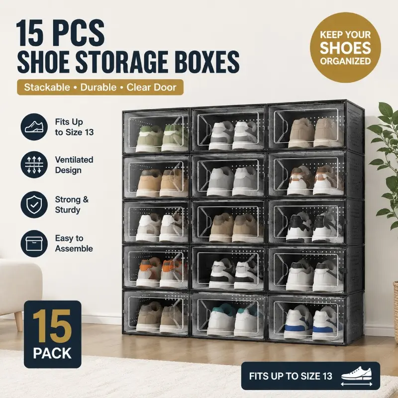Shoe Boxes 15pcs Stackable Clear Plastic Shoe Organizers 13.1X5.5X9.2 Inches Fits US Size 9.5 White And Black for Closets and Sneakers