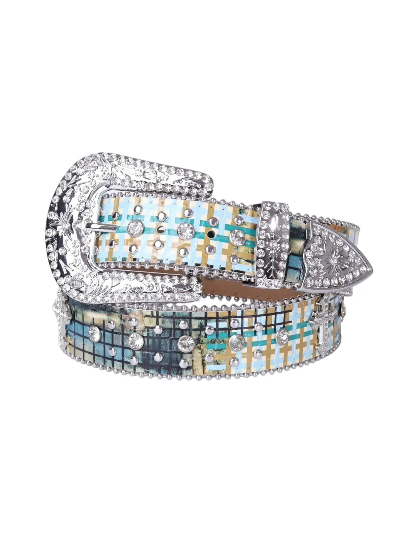 Unisex Glossy Multicolor Checkered Belt, Rhinestone Cross Ornament, Diamond Buckle, Retro Y2K Punk Waistband, Denim Match, Streetwear, Raves, Concerts