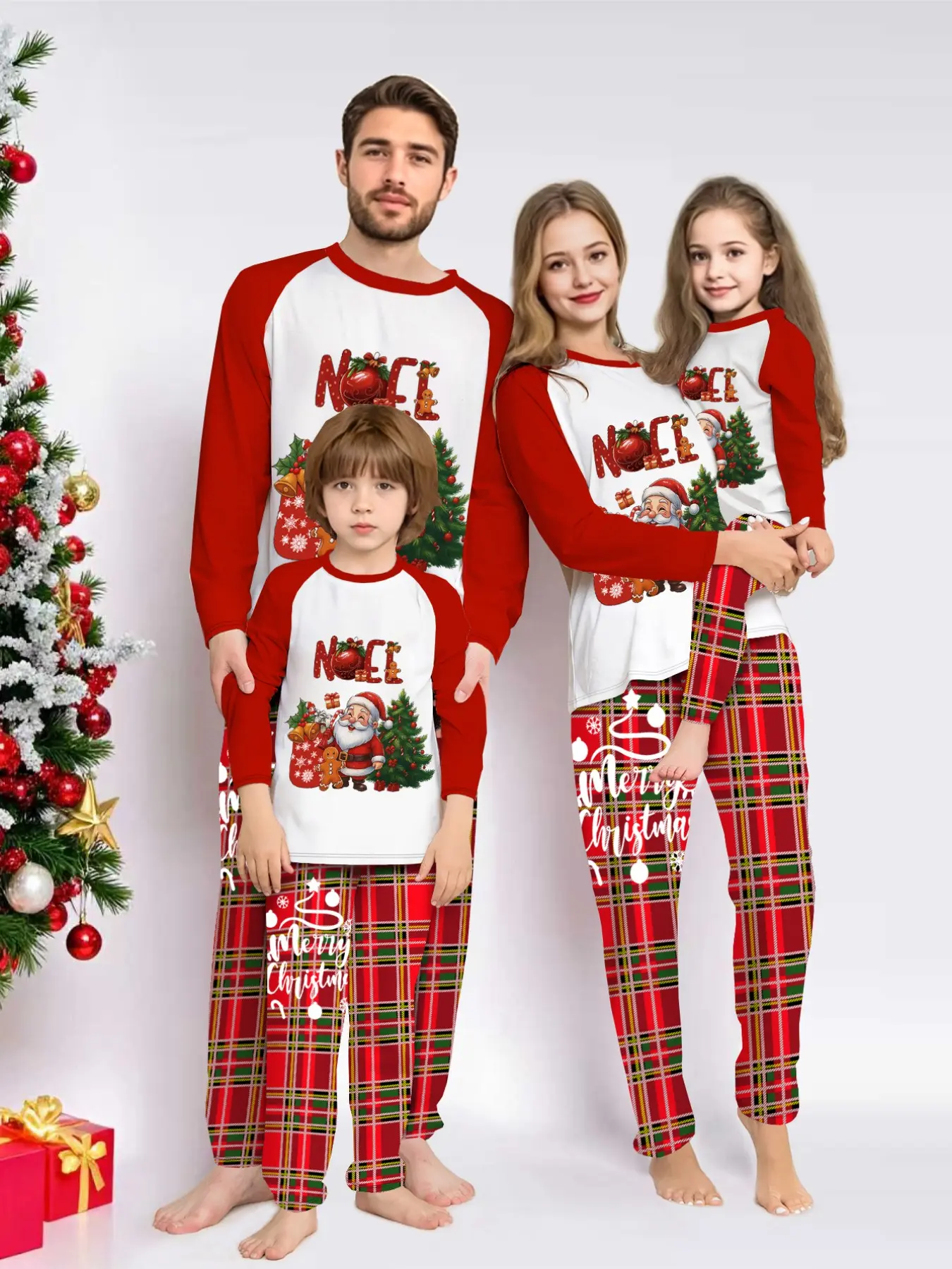 2-Piece Christmas Pajama Set, Santa Print Couples Sleepwear, Men Women Kids Holiday, Loose-Fit Casual Home Clothes