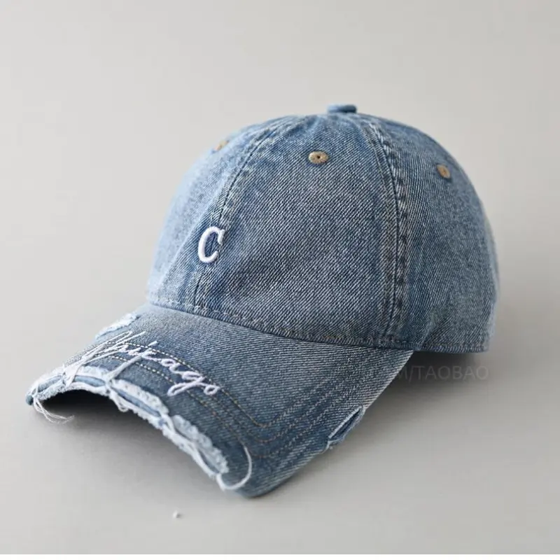 American-style letter embroidered baseball cap for men and women, personalized curved brim, washed denim, soft top, distressed, versatile hat