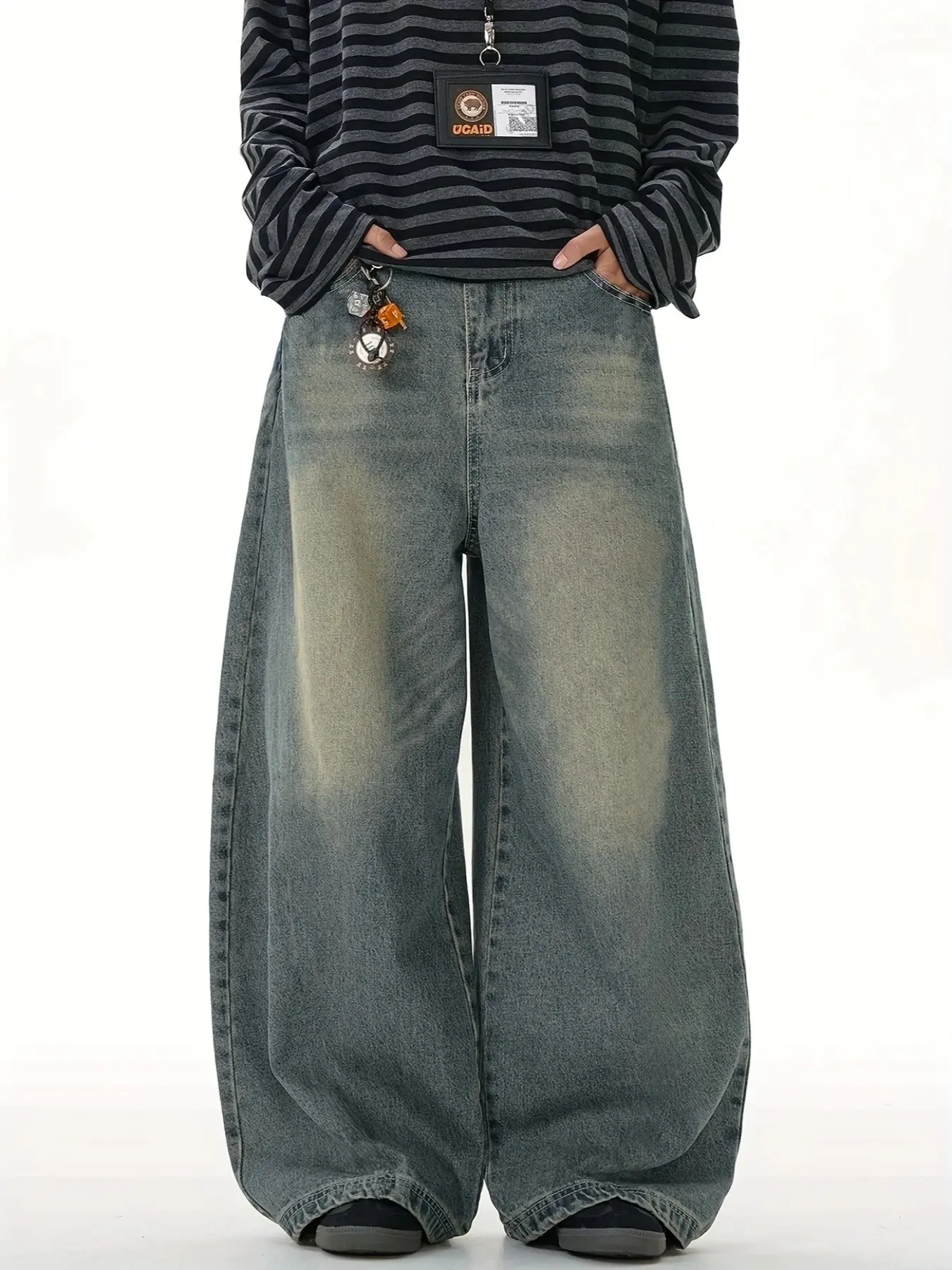 Men's Trendy Light Blue Wide-Leg Oversized Jeans, Loose-Fit Distressed Washed Streetwear Pants, Casual Basic Everyday Wear, Multiple Sizes Available