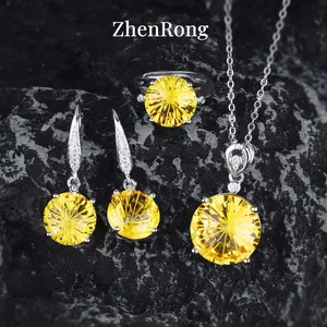 Topaz Firework Cut Set 10 Carat Citrine Open Ring Gemstone Pendant Yellow Diamond Earrings