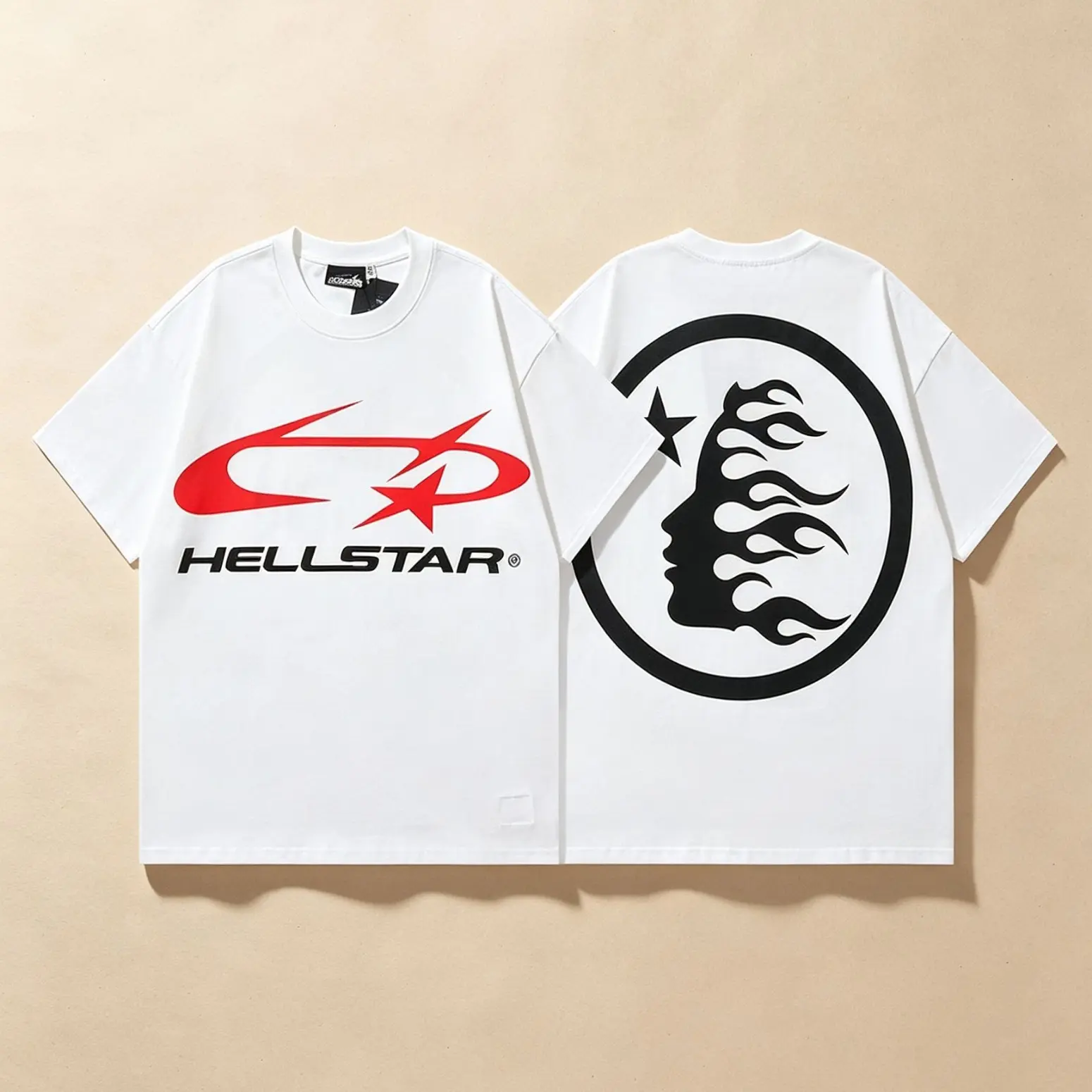 HELLSTAR Vintage Letter Graphic T-Shirt, Washed White Cotton Tee, Retro Distressed Short Sleeve Top, Y2K American Streetwear Oversized Casual Style